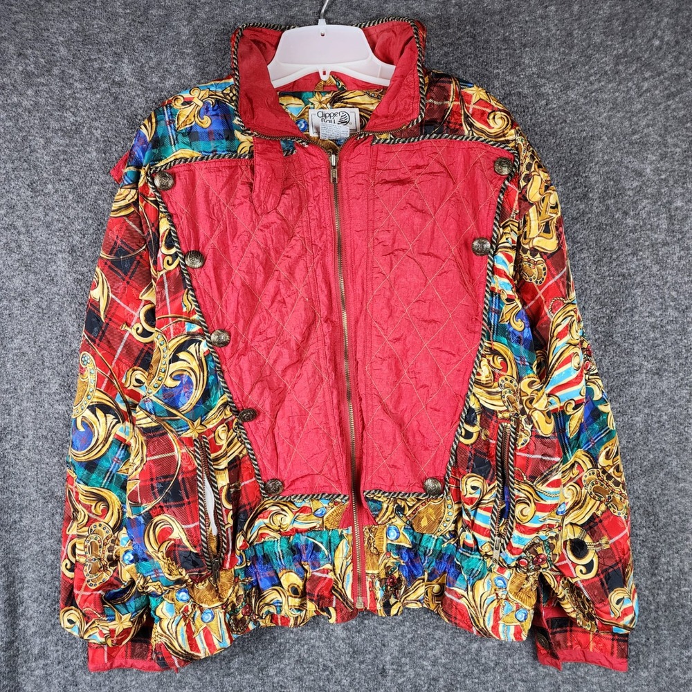 Clipper Bay Jacket Womens L Vintage 90s Baroque Plaid Red Maximalist Bomber